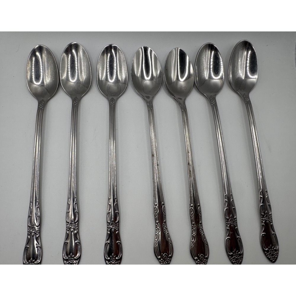 Oneida Oneidacraft Venus Stainless Iced Tea Spoons Floral Scroll 7.5" set of 7